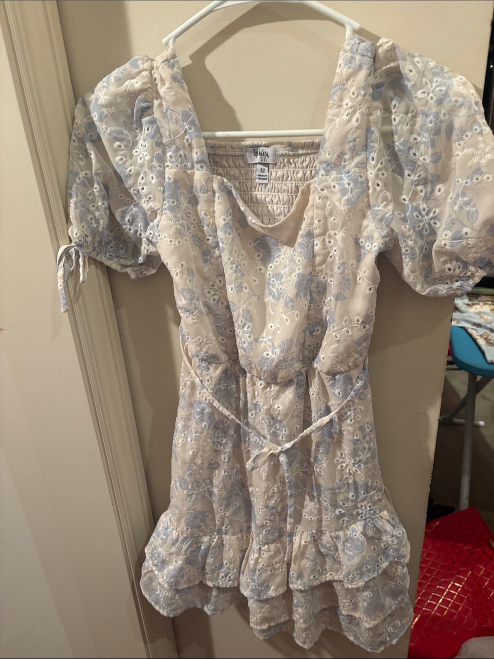 Sparkles Kids, Girls' Cream & Light Blue Eyelet Summer Dress (9-12 yrs girls)